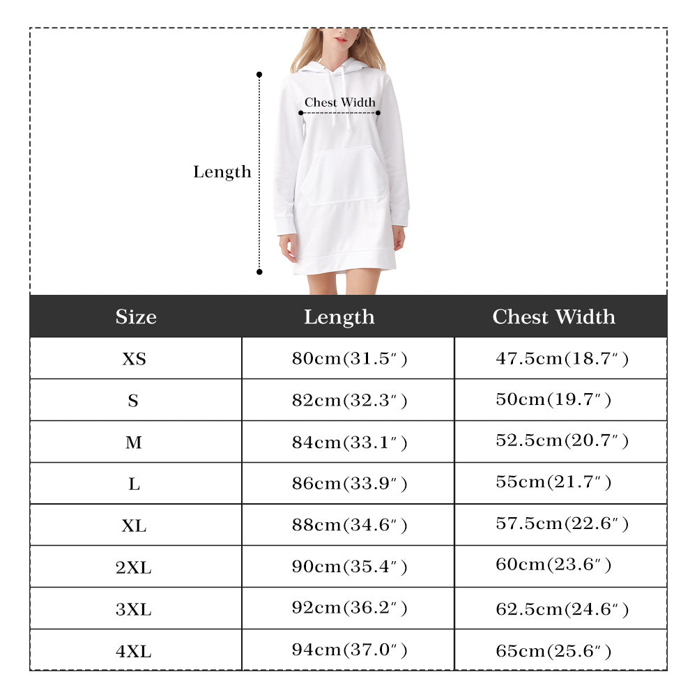 White Scottish tartan hoodie dress worn by model with size chart showing length and chest width measurements