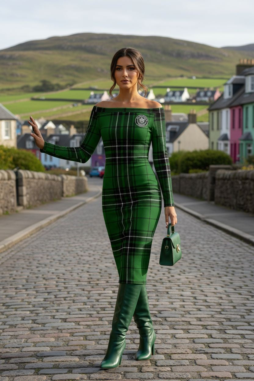 MacLean Clan Tartan Off-the-Shoulder Midi Dress – Elegant Highland Heritage Wrap Dress for Women (S–6XL)