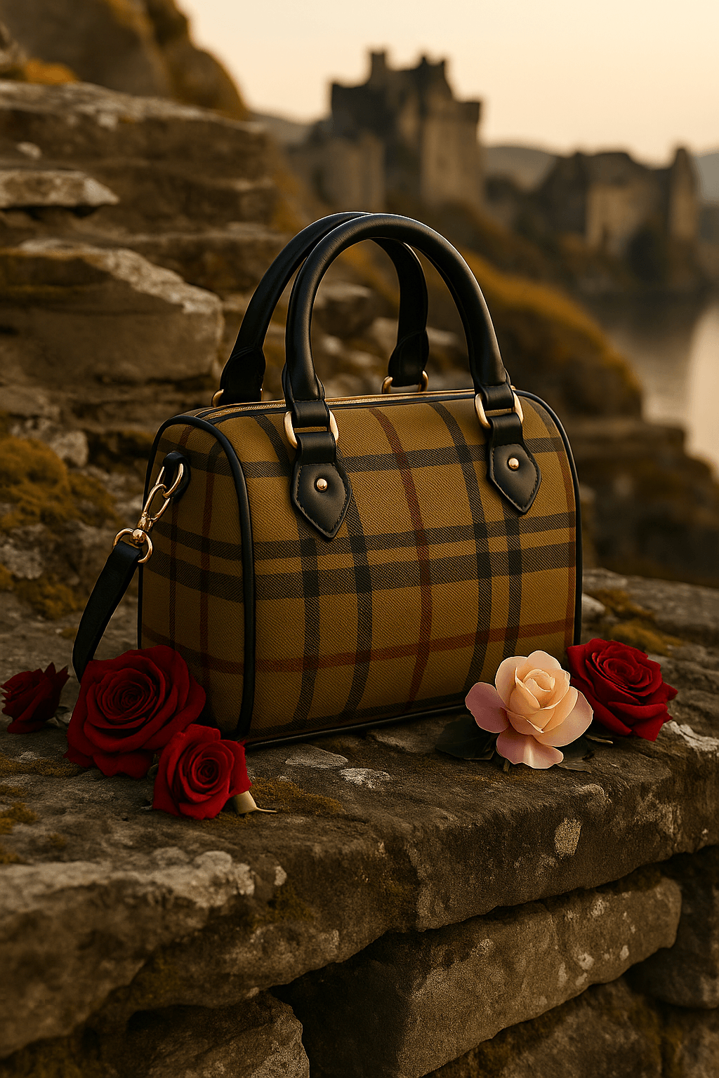 Olive Tartan Leather Boston Bag on stone ledge – Scottish heritage style