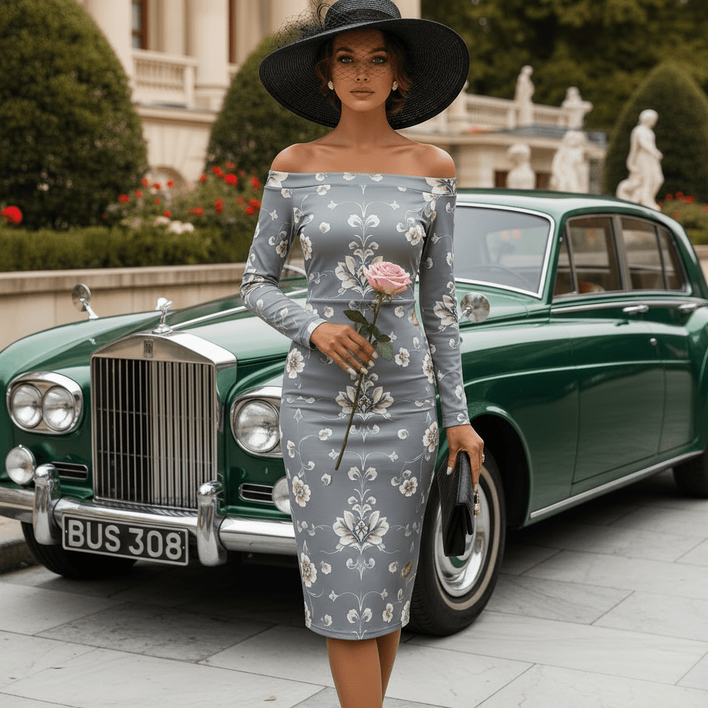 Woman wearing silver baroque off shoulder midi dress holding pink rose and black hat by vintage car