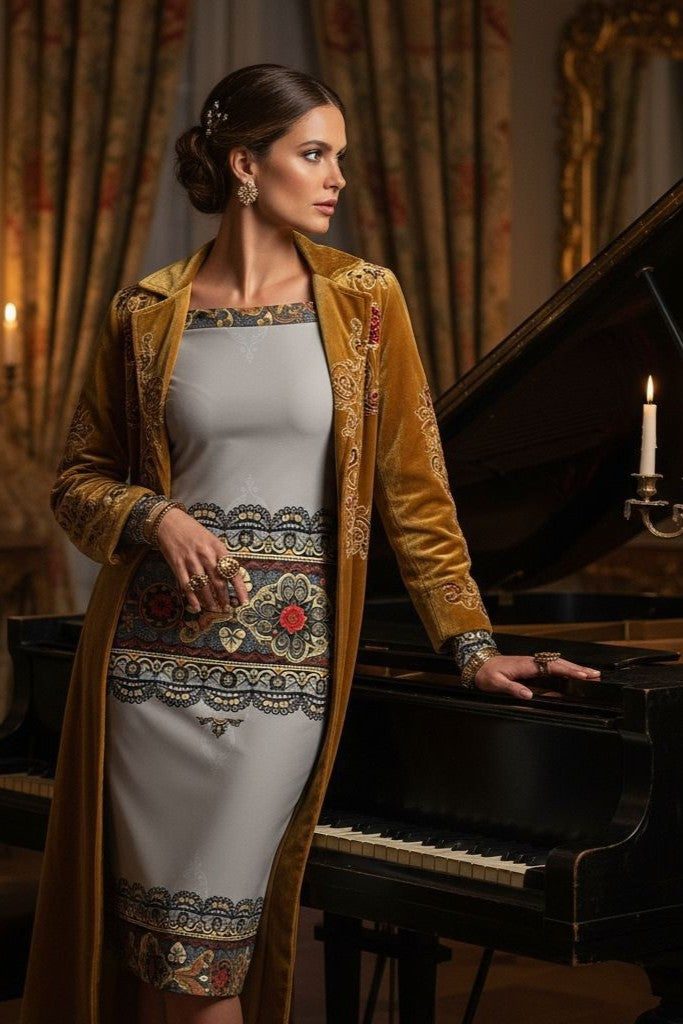 Women’s heritage wrap dress combining classic baroque design and contemporary luxury.
