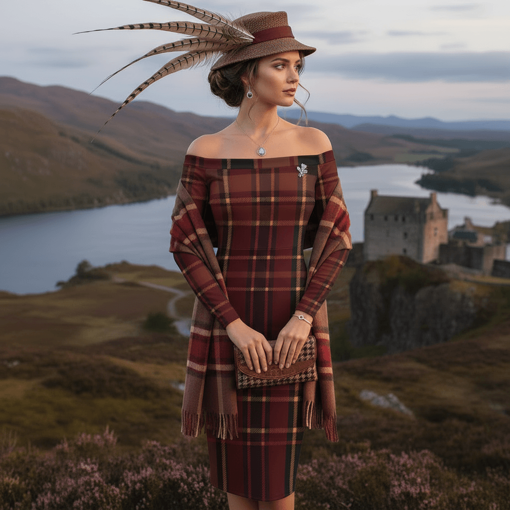 Braemar Belle tartan off shoulder midi dress by Angelic Blessings shop worn with matching shawl and hat in scenic landscape
