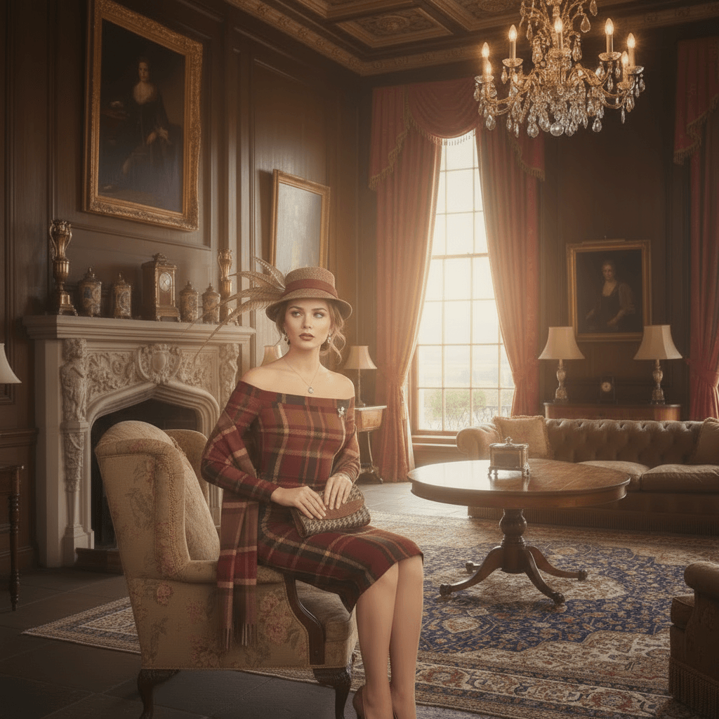 Braemar Belle tartan off shoulder midi dress by Angelic Blessings shop worn by woman seated in vintage living room