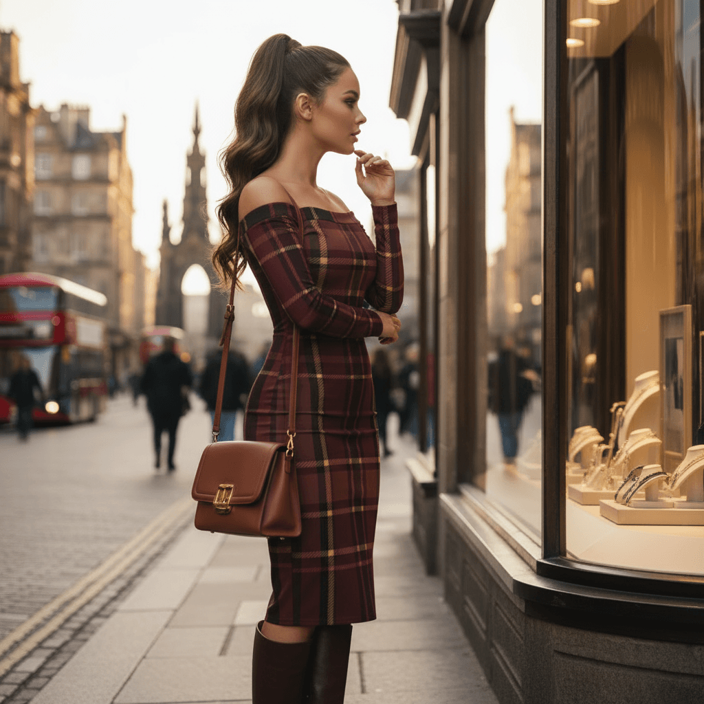 Woman wearing Braemar Belle tartan off shoulder midi dress by Angelic Blessings shop standing on city street
