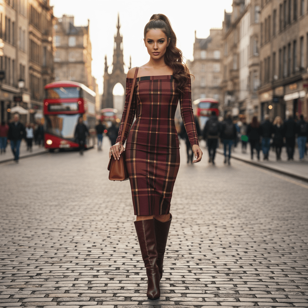 Braemar Belle tartan off shoulder midi dress by Angelic Blessings shop worn by model with boots on city street