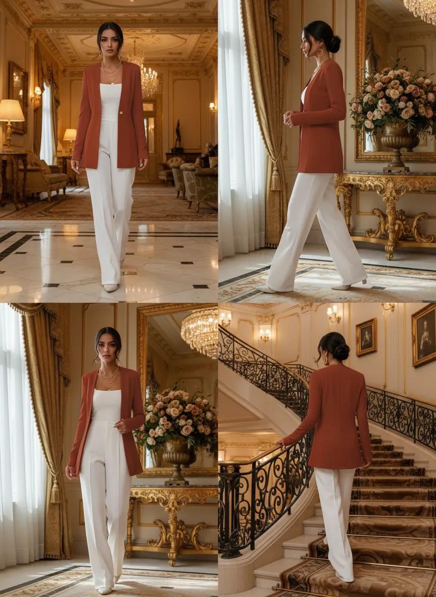 Model in camel blazer with brown accessories – vintage inspired old money style