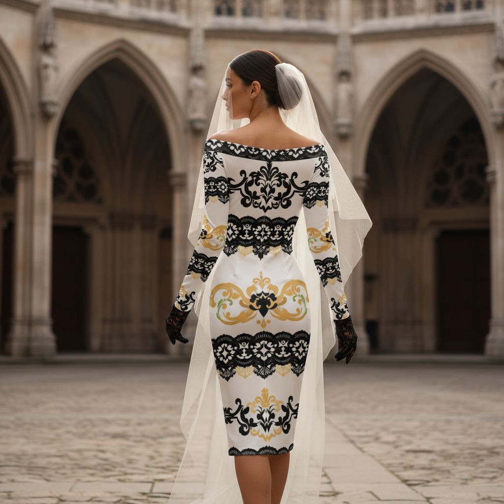 Side profile of baroque black and gold lace wrap dress featuring off-shoulder neckline.