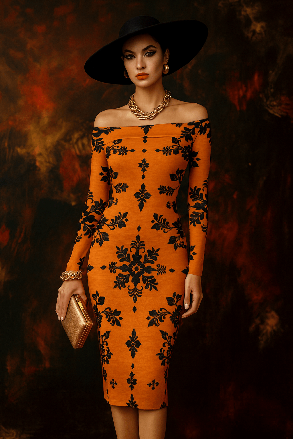 Angelic Blessings Shop luxury baroque floral bodycon dress in orange with black floral pattern and off shoulder design