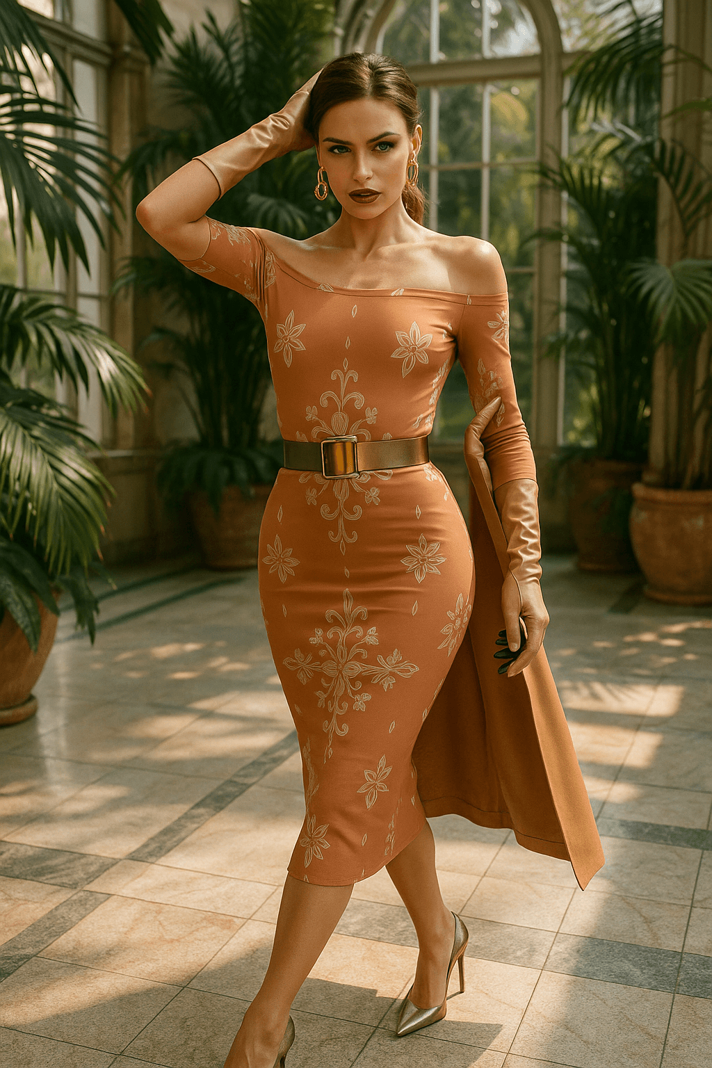 Baroque off shoulder midi dress in warm brown with floral patterns by Angelic Blessings Shop