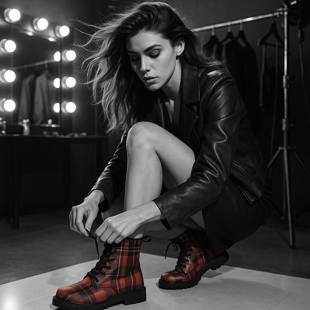 Woman wearing red tartan vegan leather boots tying laces in a stylish black leather jacket
