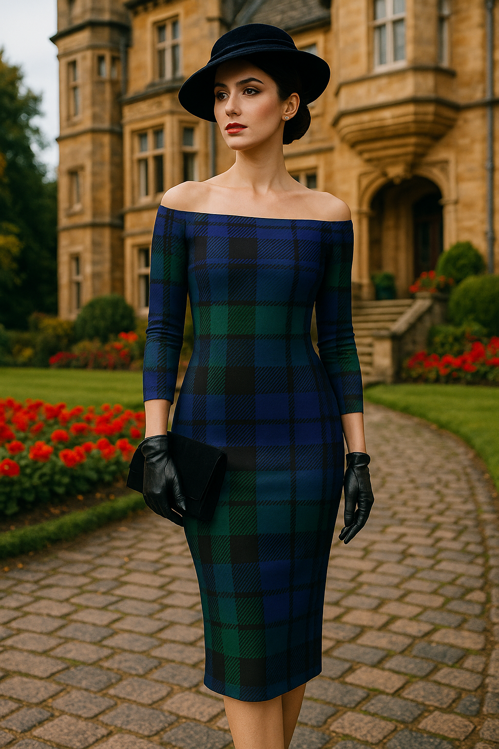 Elegant Black Watch tartan off-shoulder dress worn with black hat and gloves in outdoor garden setting