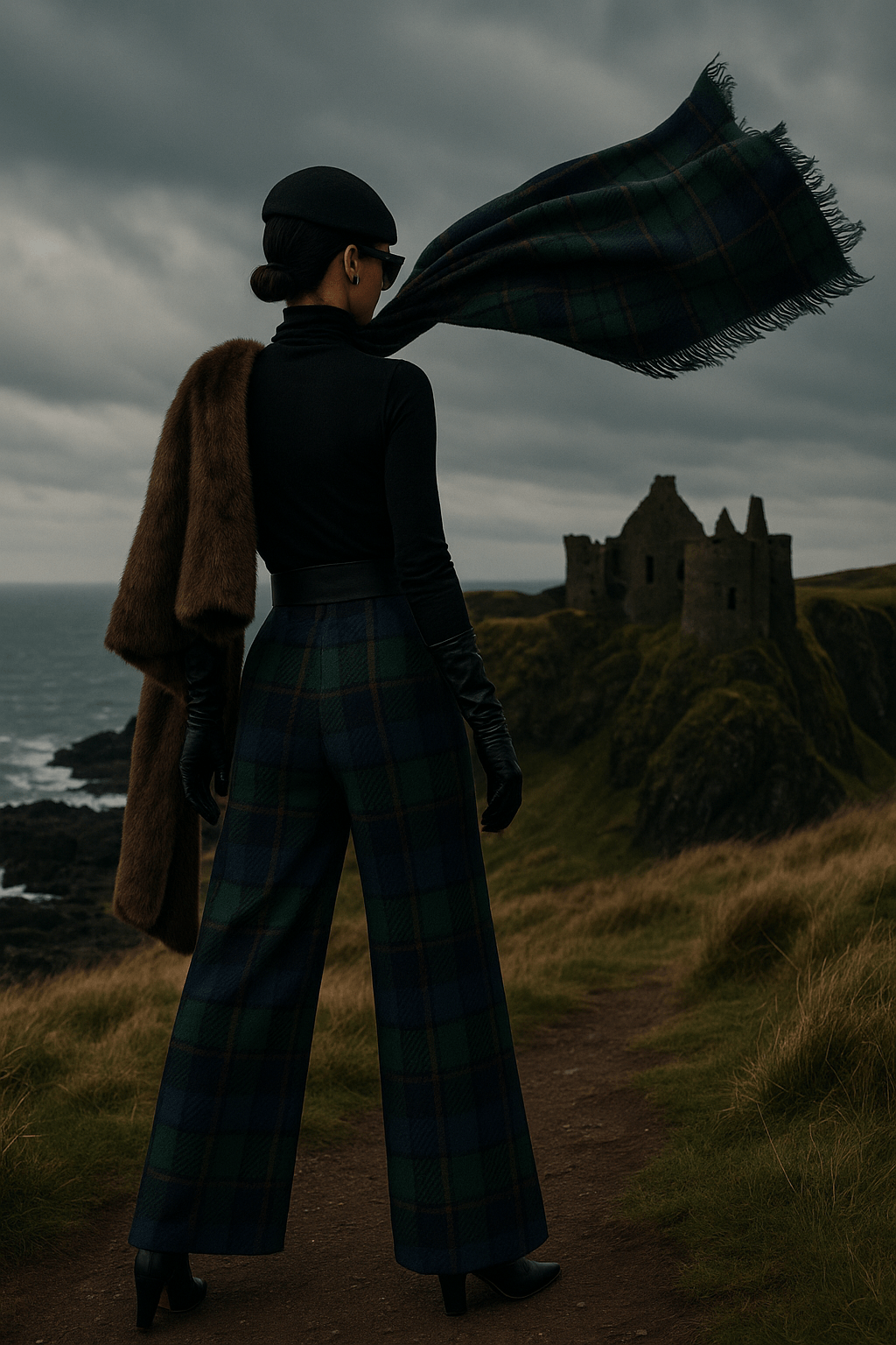 Woman wearing black watch tartan wide-leg trousers and matching scarf standing on a hillside near castle ruins