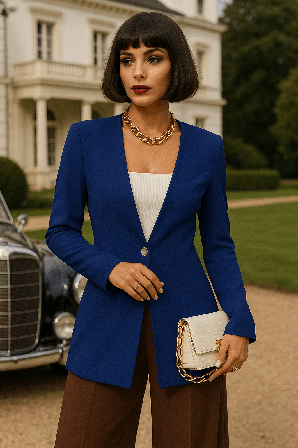 Blue slim fit blazer for women – elegant tailored one-button jacket by Angelic Blessings