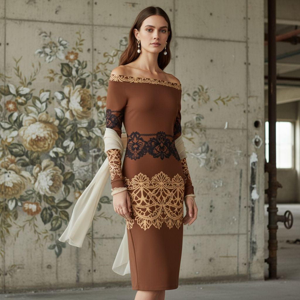 Elegant woman wearing brown baroque lace wrap midi dress standing near marble staircase.