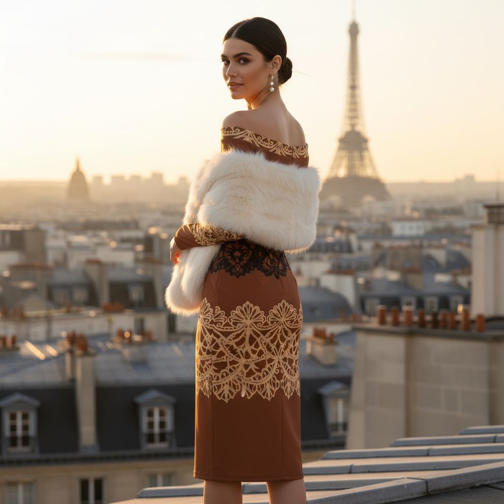 Side profile of woman in brown baroque lace wrap dress with off-shoulder neckline and bodycon fit.