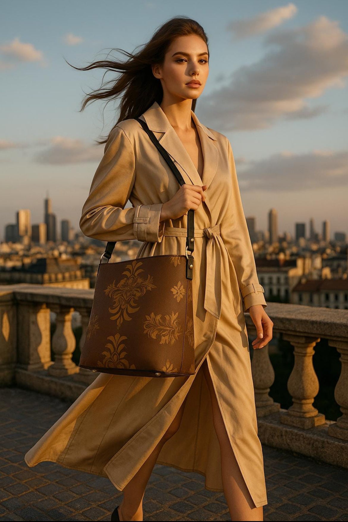 Woman carrying brown baroque print bucket handbag from Angelic Blessings Shop with city skyline background