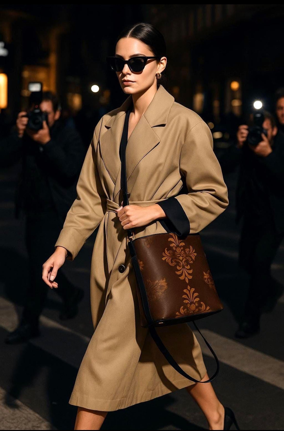 Woman wearing beige trench coat carrying brown baroque print bucket handbag from Angelic Blessings Shop