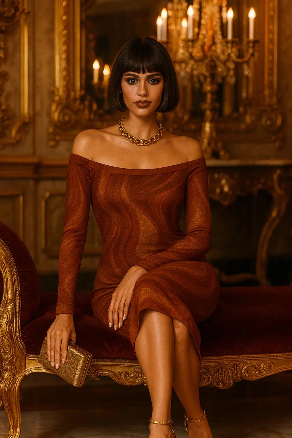 Luxury brown gold mosaic off-shoulder dress worn by woman sitting on ornate gold and red velvet bench in elegant room