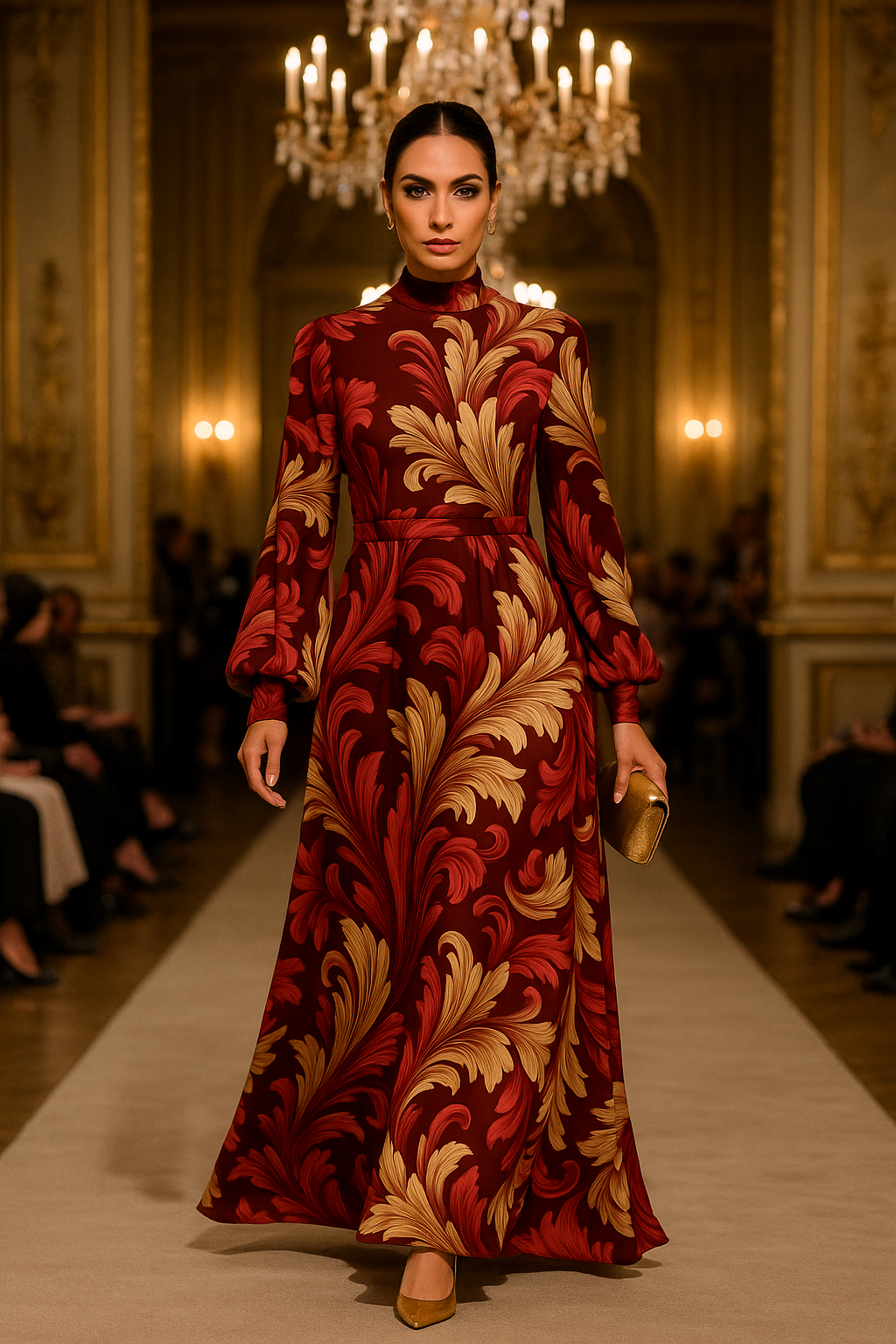 Burgundy Victorian High neck maxi dress with gold leaf patterns by Angelic Blessings Shop