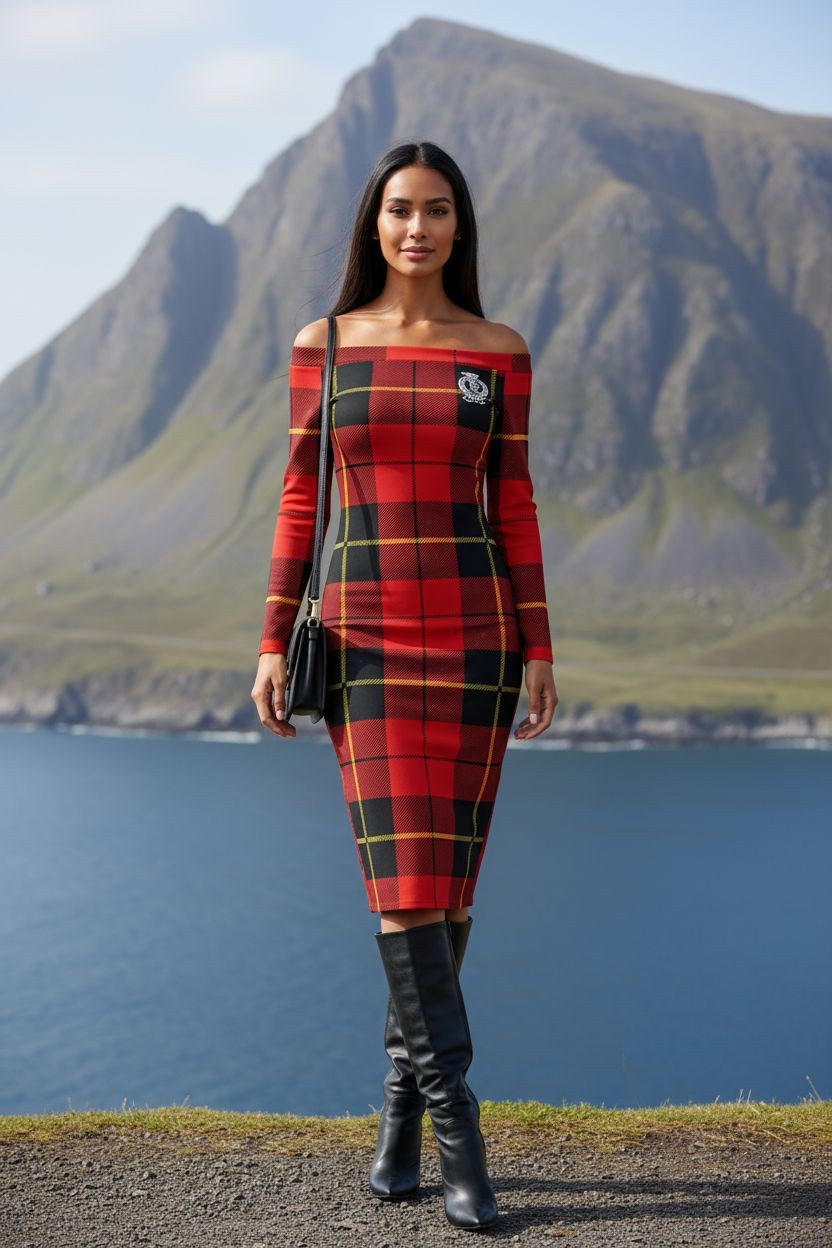 Fashion shoot of red Clan Wallace tartan off-shoulder dress in Highland setting under blue sky.
Highland Fashion Shoot, Scottish Heritage Fashion, Red Plaid Dress