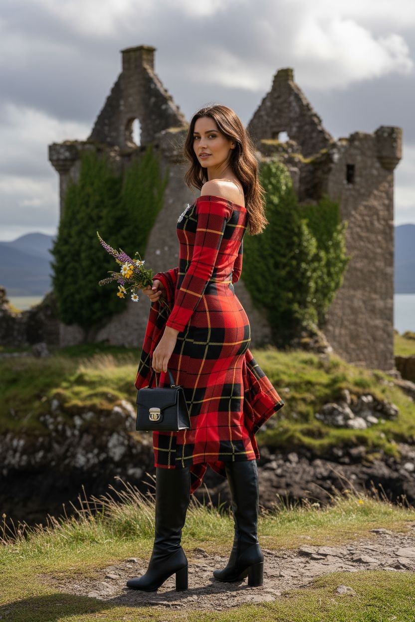 Side profile of a woman in a red and black Clan Wallace plaid bodycon midi dress with long sleeves.
Off Shoulder Tartan Dress, Highland Fashion, Scottish Elegance