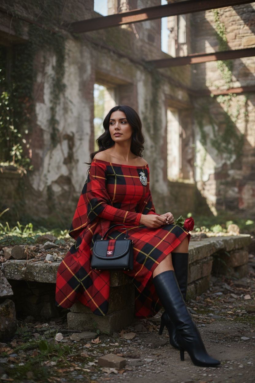 Close-up of off-shoulder neckline on red Clan Wallace Tartan dress with heritage print.
Off Shoulder Dress, Scottish Couture, Quiet Luxury