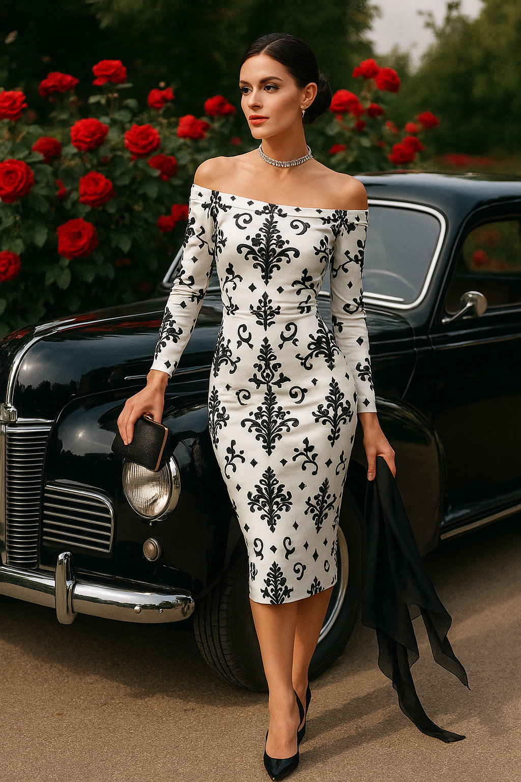 White-Black Baroque Off-the-Shoulder Long Sleeve Wrap Dress for Women | Elegant Bodycon Midi Dress - Angelic Blessings