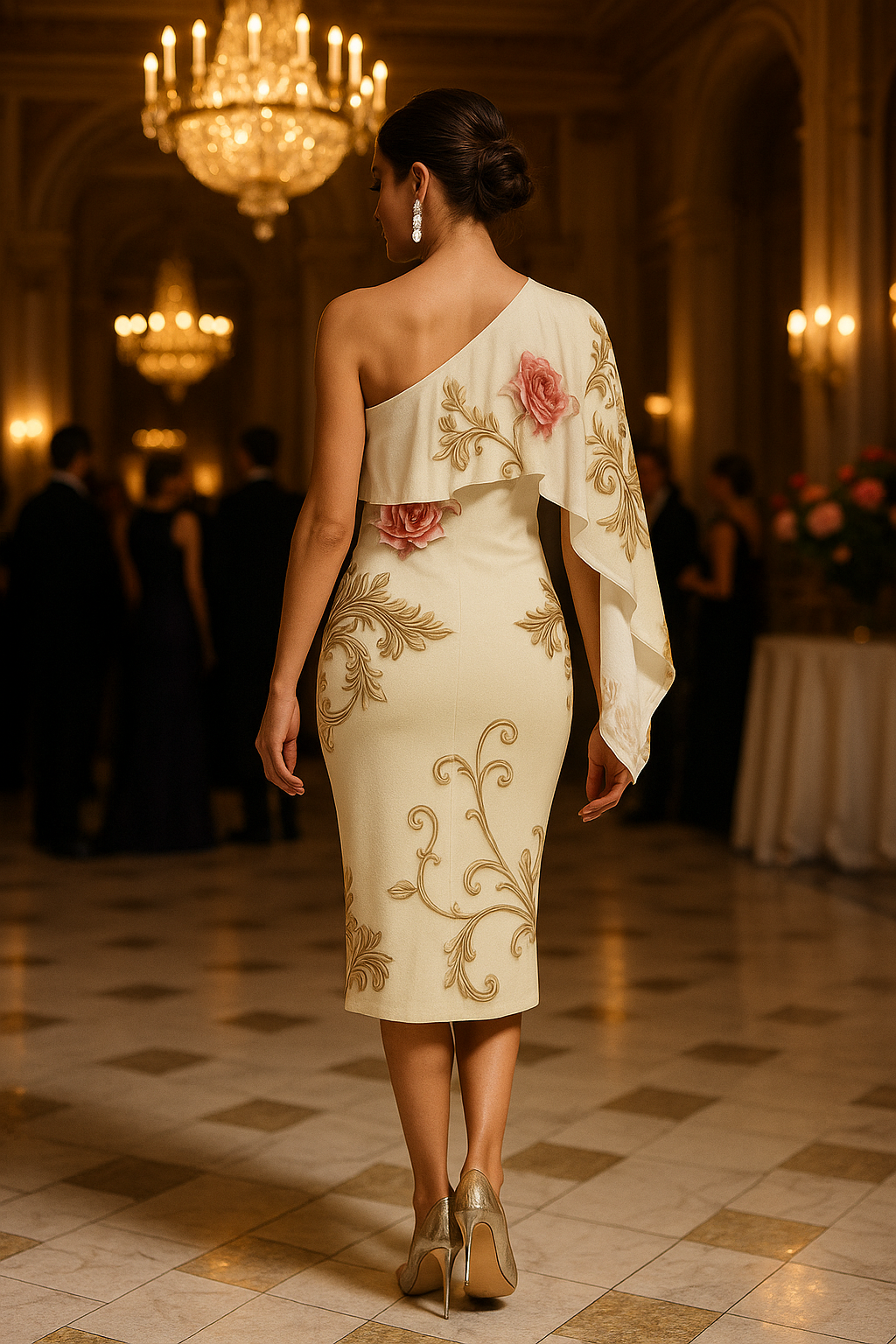 Classy baroque rose evening dress in cream tone