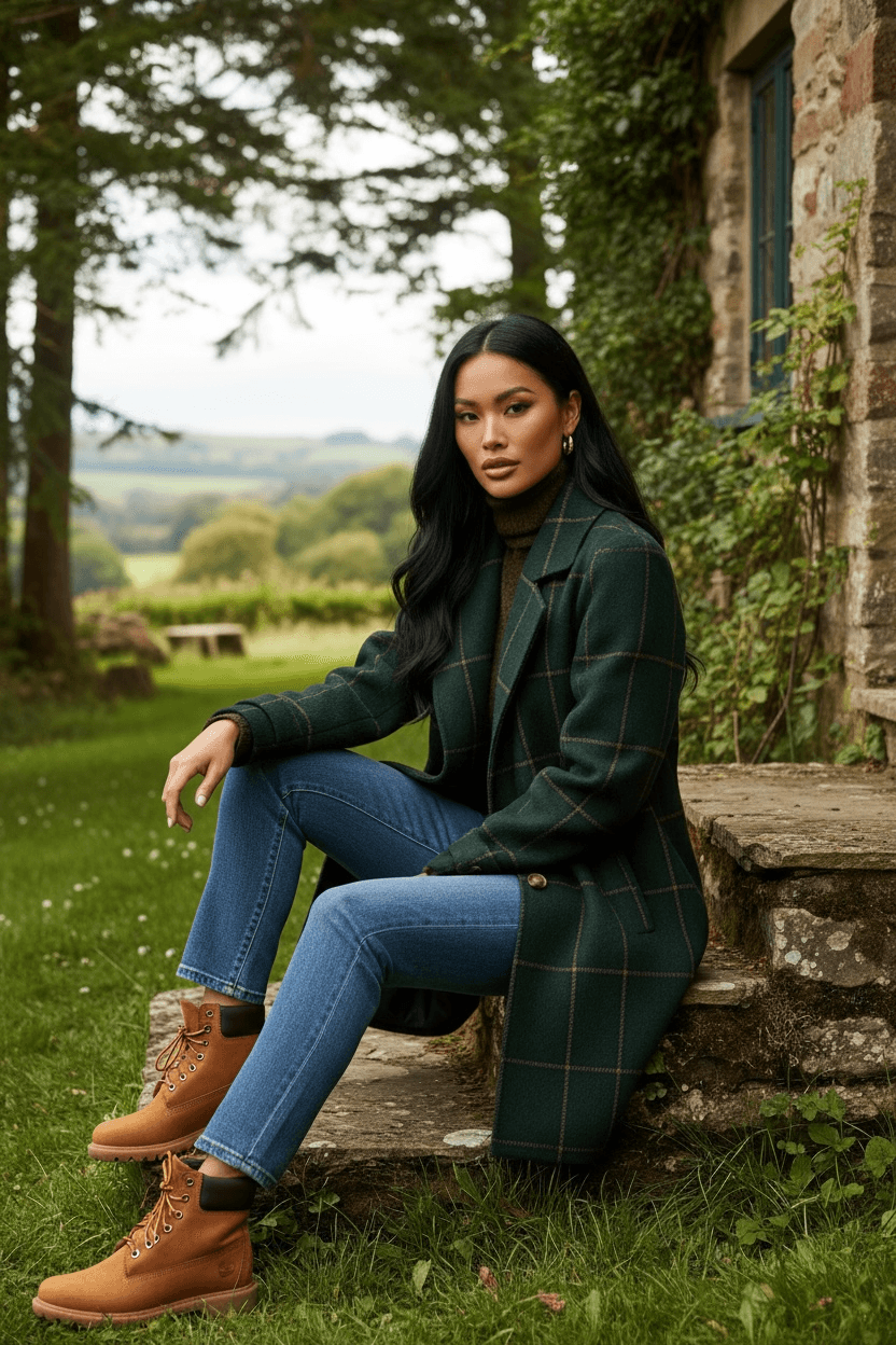Woman wearing dark green tartan lapel coat sitting outdoors on stone steps in a scenic countryside setting
