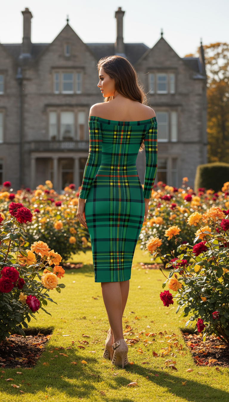 Woman wearing Dunnotar Tartan off shoulder dress in green standing in a garden with flowers and historic building backdrop