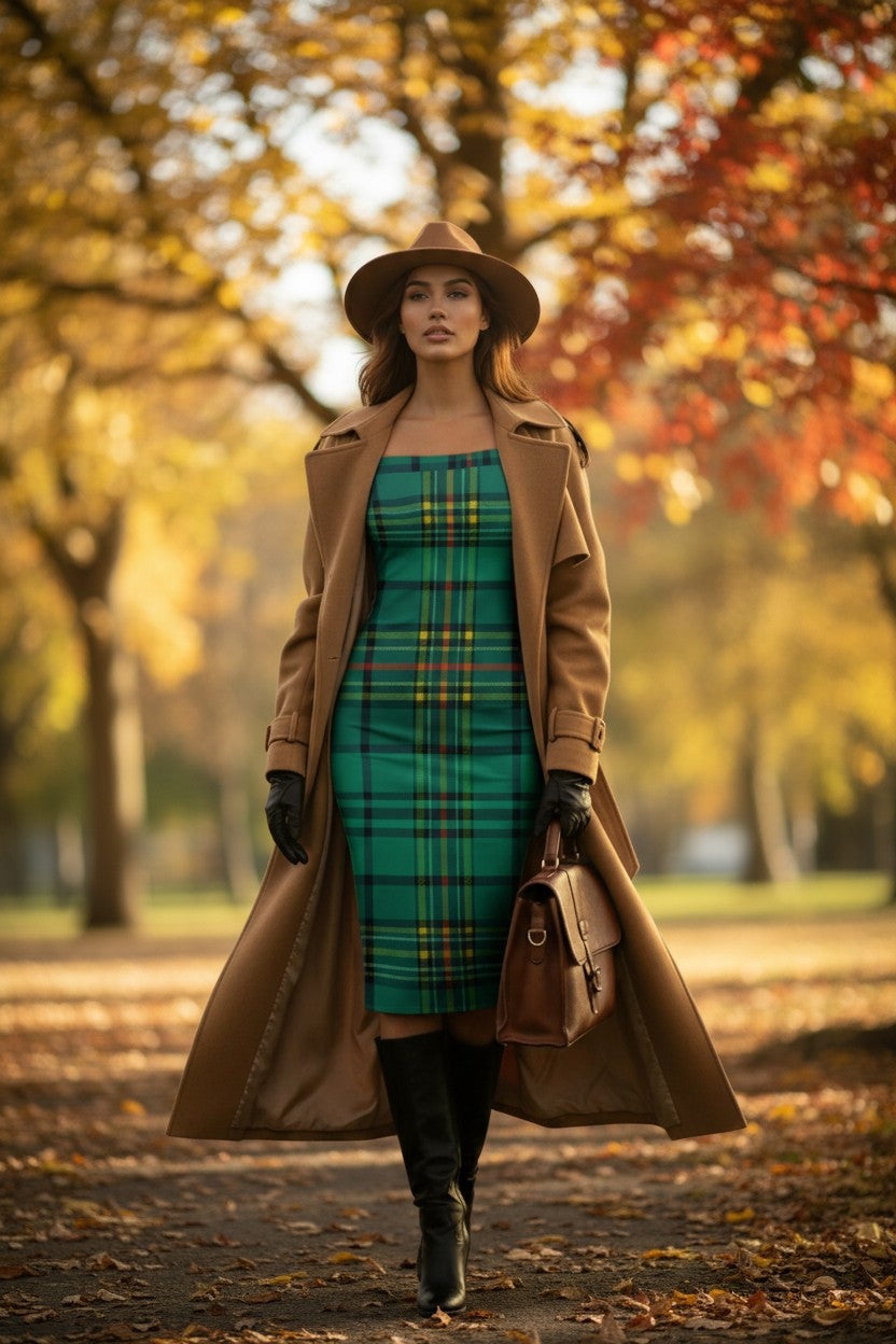 Woman wearing Dunnotar Tartan off shoulder dress with camel coat and hat in autumn park