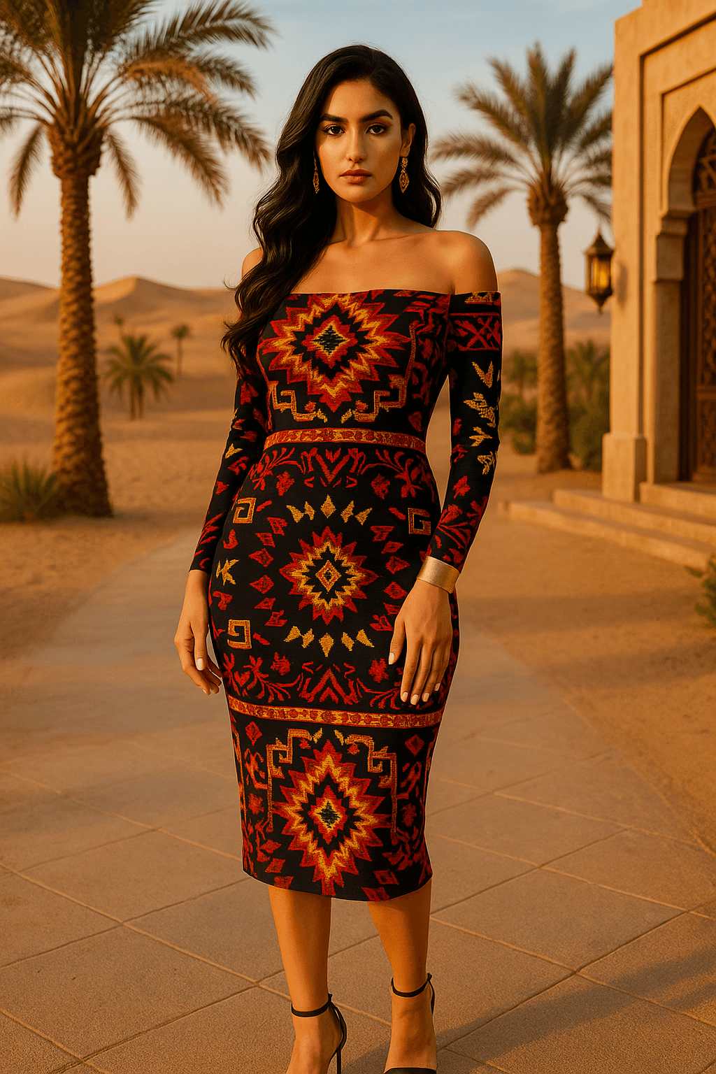 Woman wearing Egyptian goddess bodycon dress with colorful geometric patterns in a desert setting