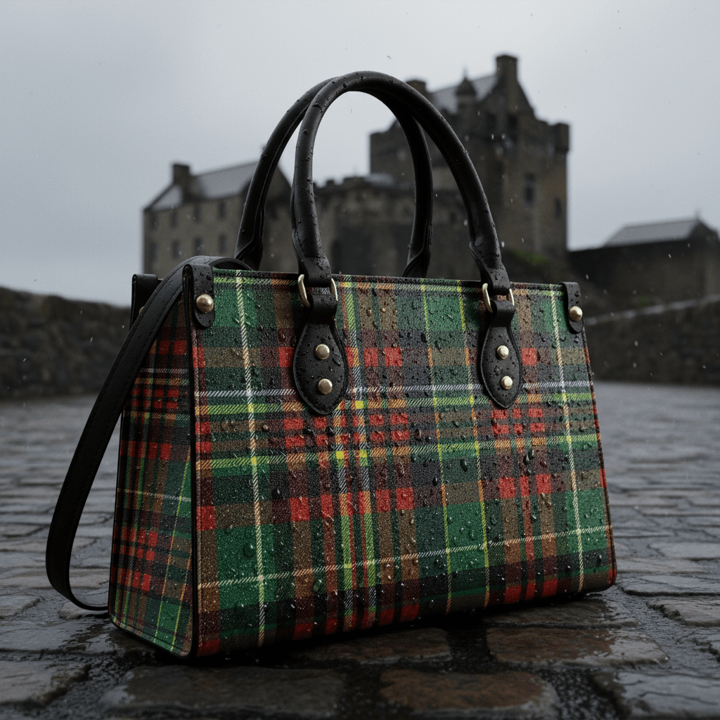 Eilean Donan Luxury Tartan Handbag Scottish Herritage Shoulder Bag Old money style displayed on wet cobblestone with castle background