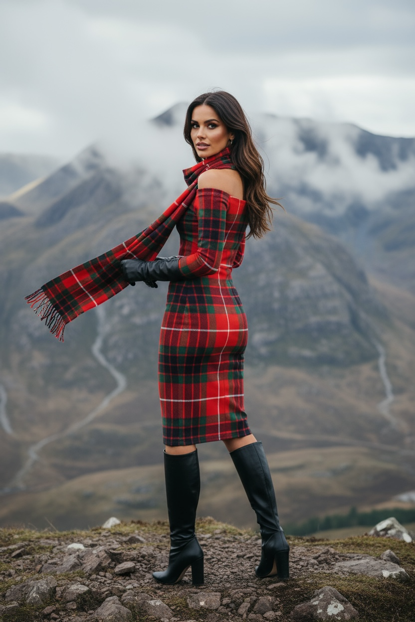 Elegant Scottish tartan off-shoulder dress for women