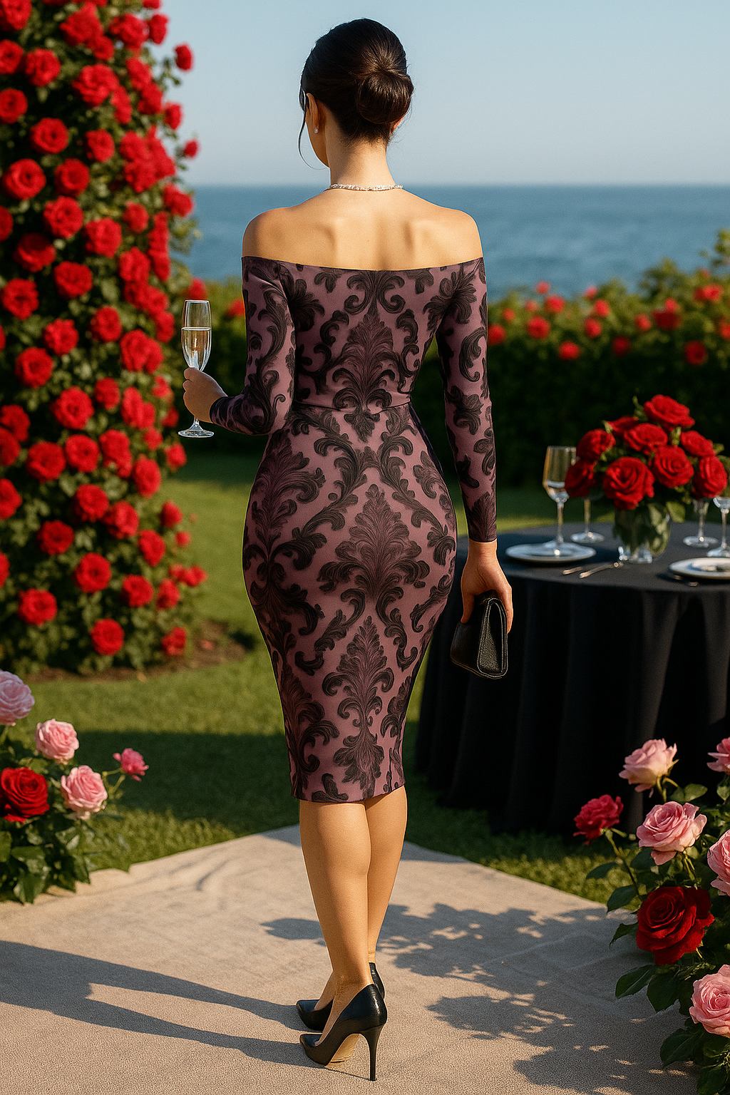 Elegant violet baroque dress with black floral pattern