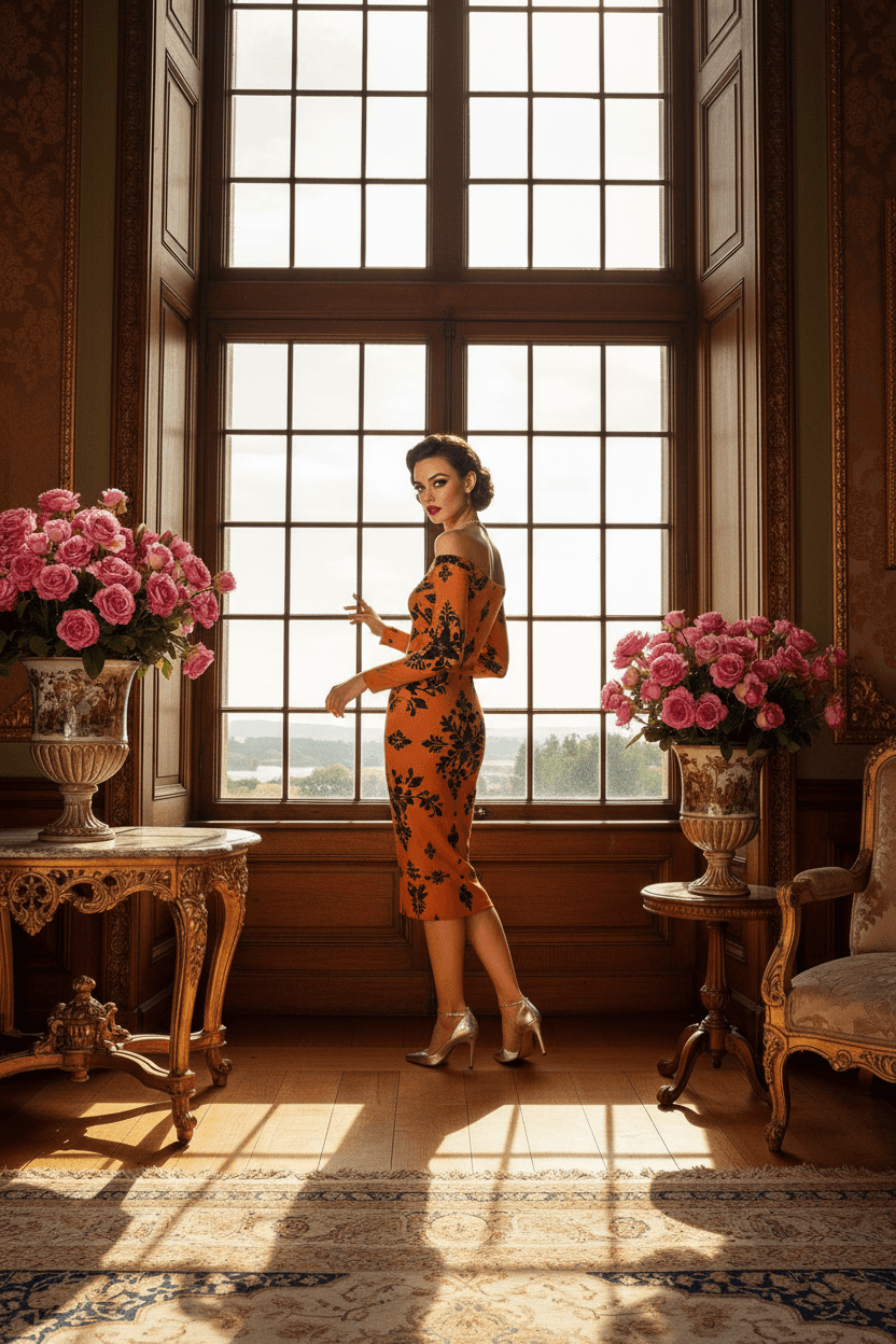 Woman wearing luxury baroque floral bodycon dress in elegant room with large windows and floral arrangements