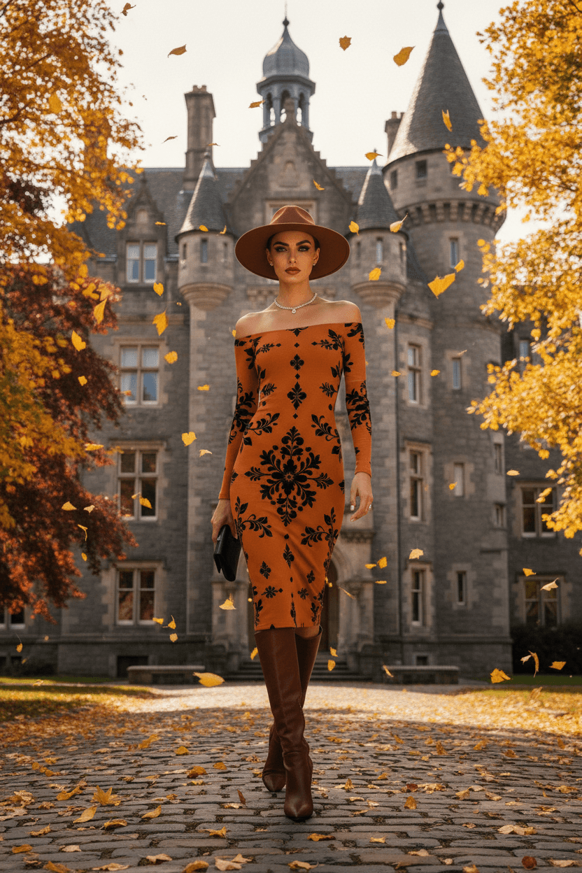Woman wearing a baroque floral bodycon dress standing outdoors in front of a historic stone castle