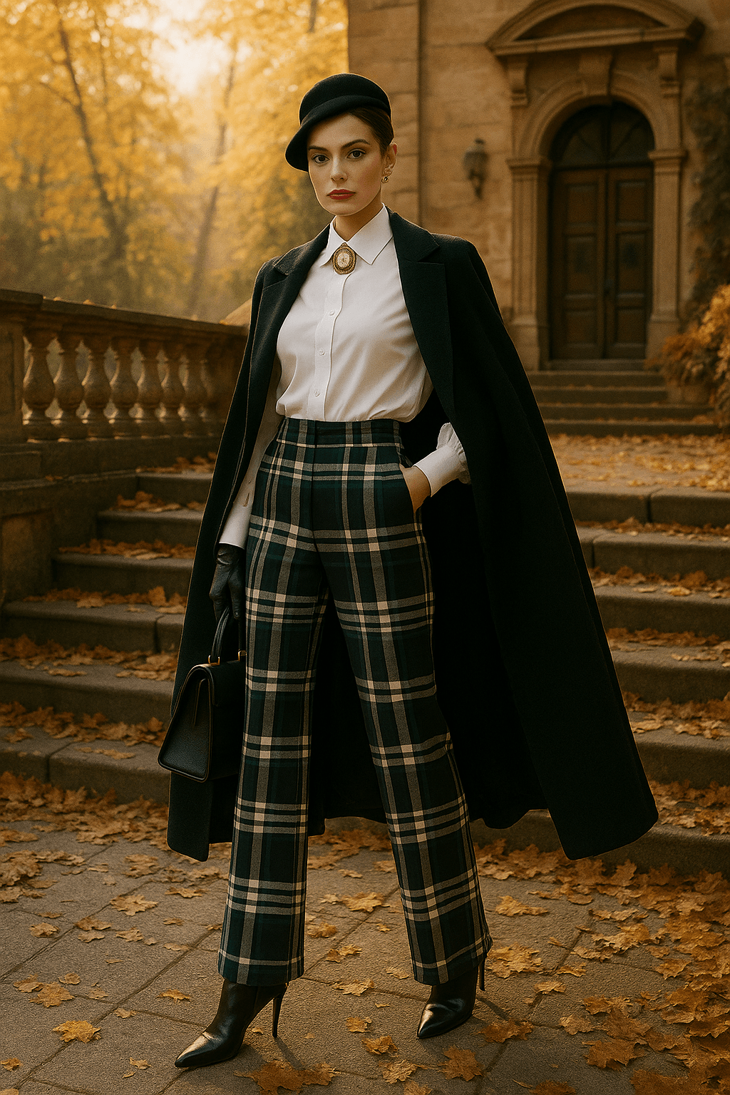Woman wearing Glamis plaid high waisted trousers styled with a white shirt and black coat in autumn setting
