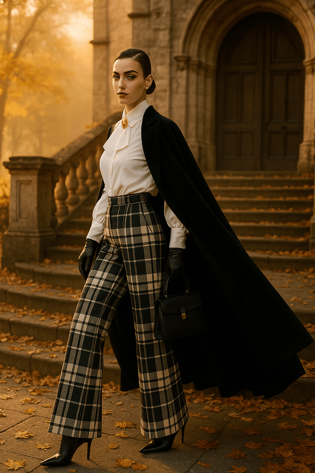 Woman wearing Glamis plaid high waisted trousers paired with white blouse and black coat outdoors