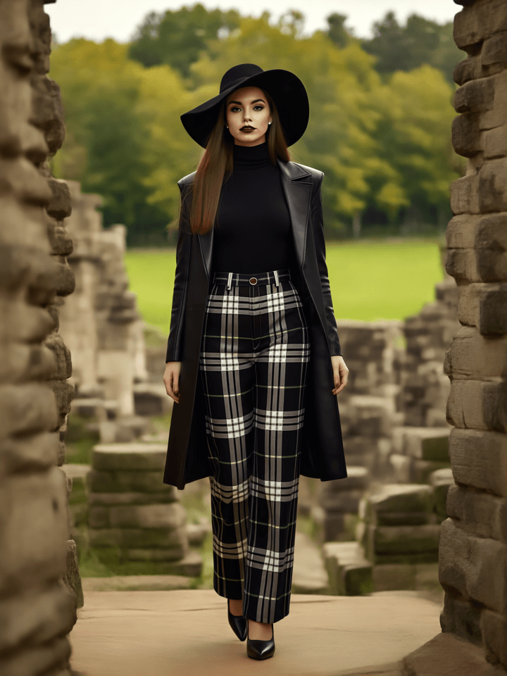 Woman wearing Glamis plaid high waisted trousers in a black and white tartan pattern with a black trench coat and hat