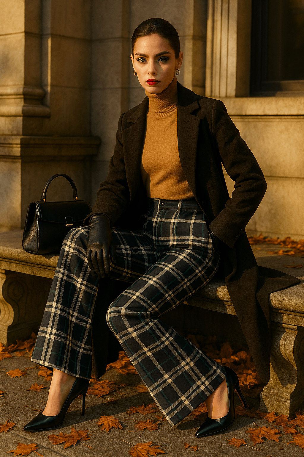Stylish woman wearing Glamis plaid high waisted trousers paired with black coat and heels outdoors