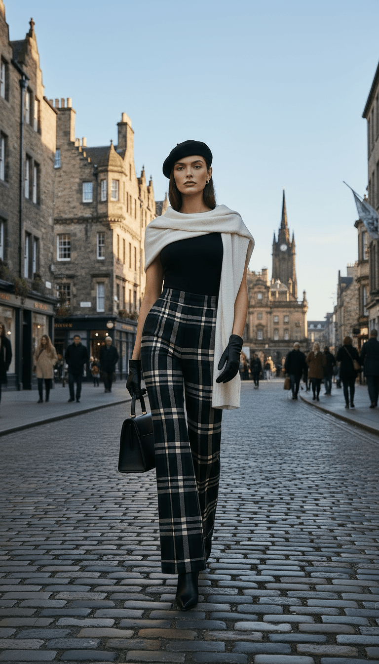 Woman wearing Glamis plaid high waisted trousers with black top and beret walking on city street