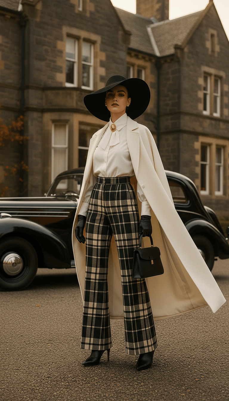 Woman wearing Glamis plaid high waisted trousers styled with a white blouse, long cream coat, black hat, and black gloves