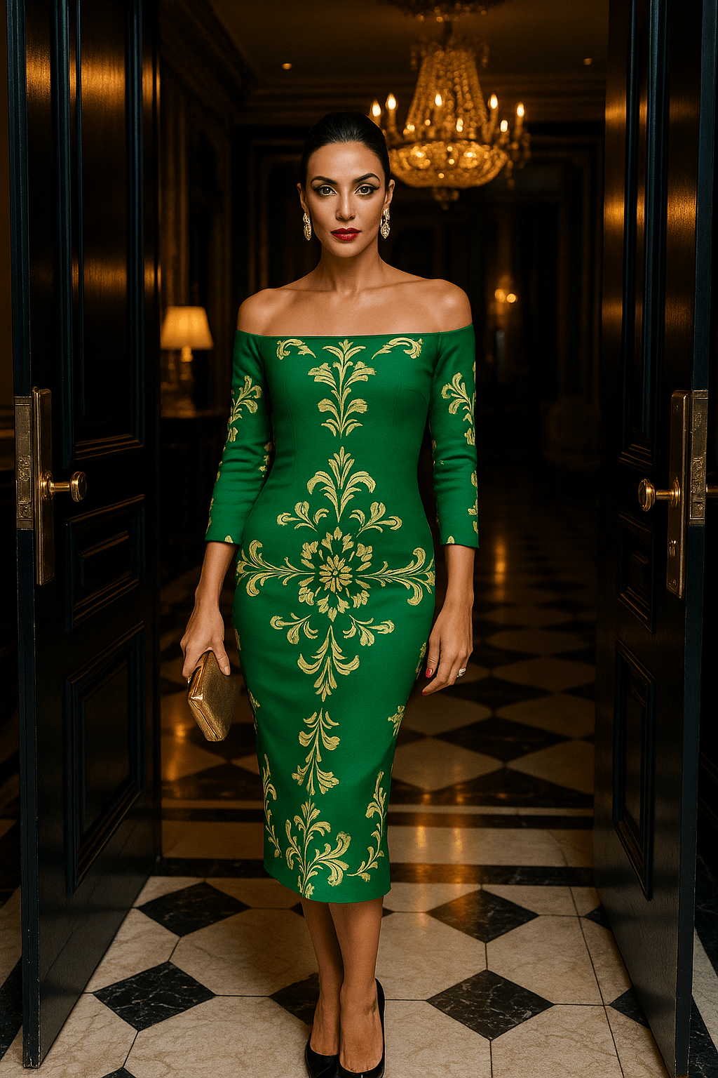 Green Baroque Off Shoulder Midi Bodycon Dress- S-6XL worn by model in elegant indoor setting