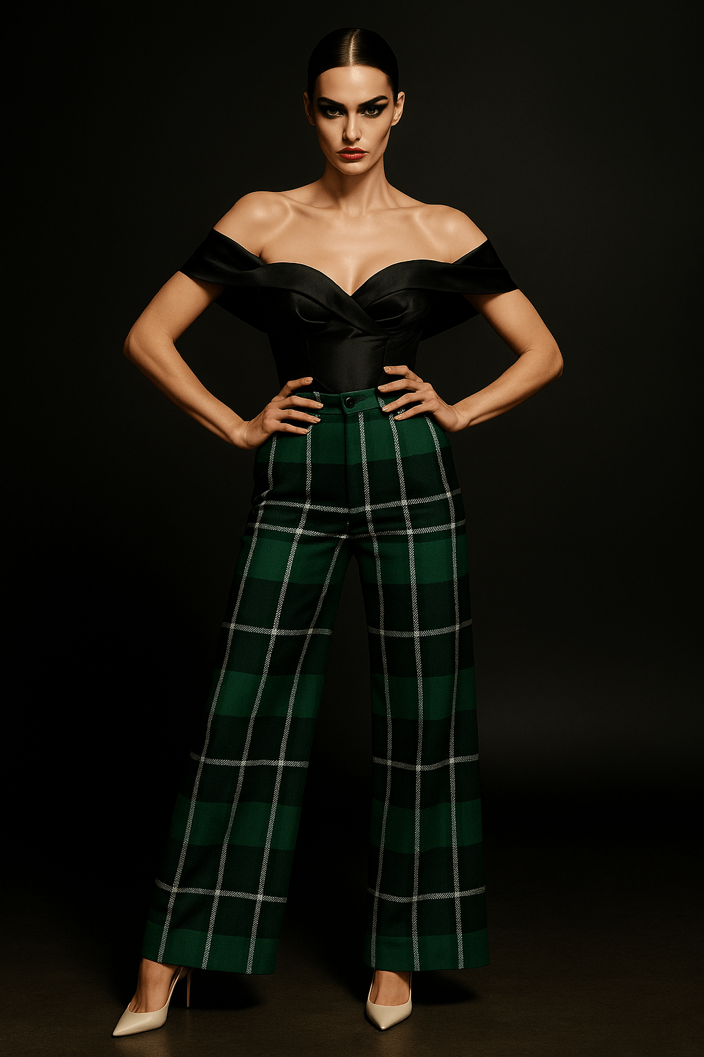 Angelic Blessings green tartan wide leg pants worn by model with black off shoulder top and heels