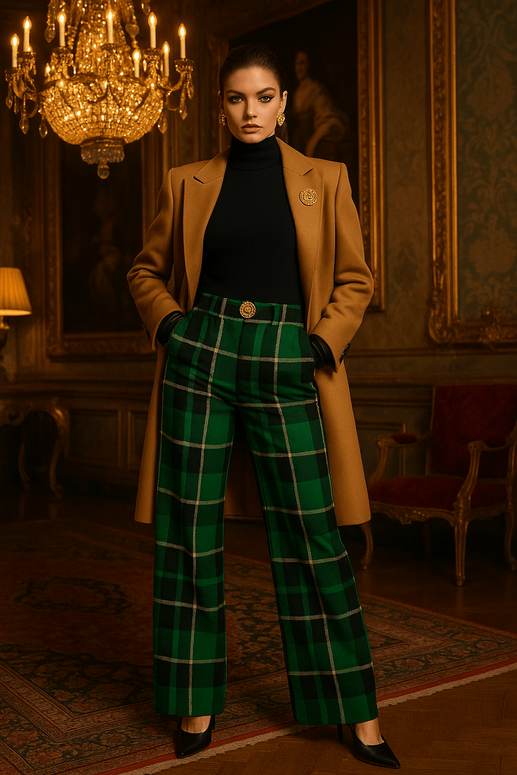 Angelic Blessings green tartan wide leg pants worn with a black turtleneck and camel coat indoors