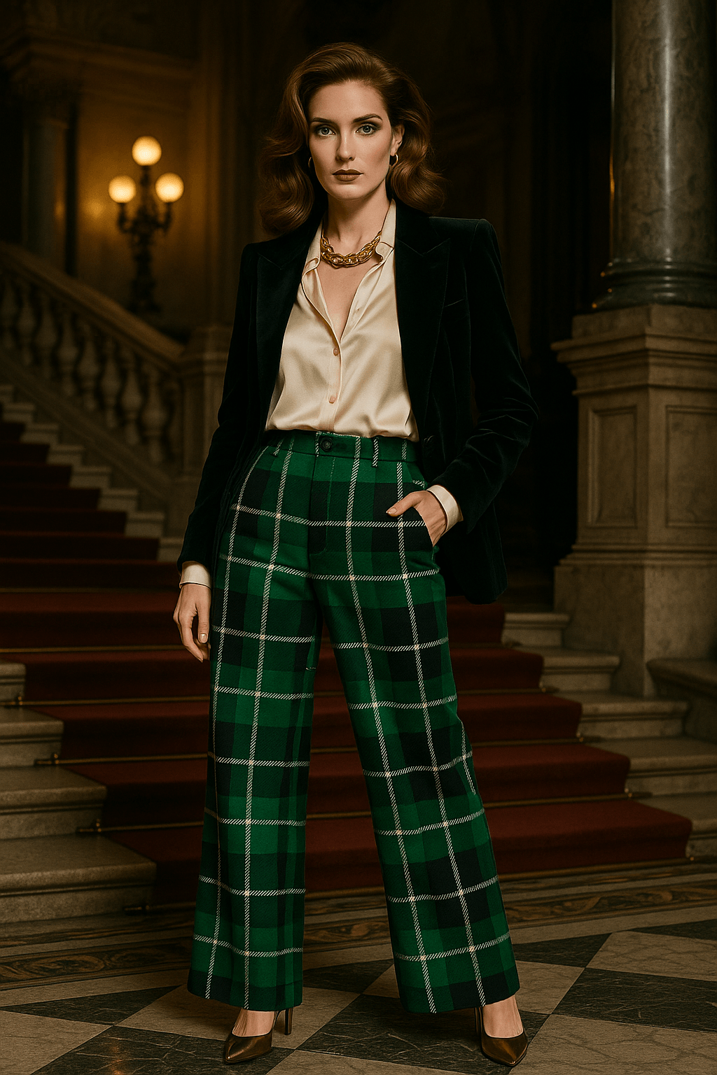 Angelic Blessings green tartan wide leg pants worn with black blazer and cream blouse in elegant setting