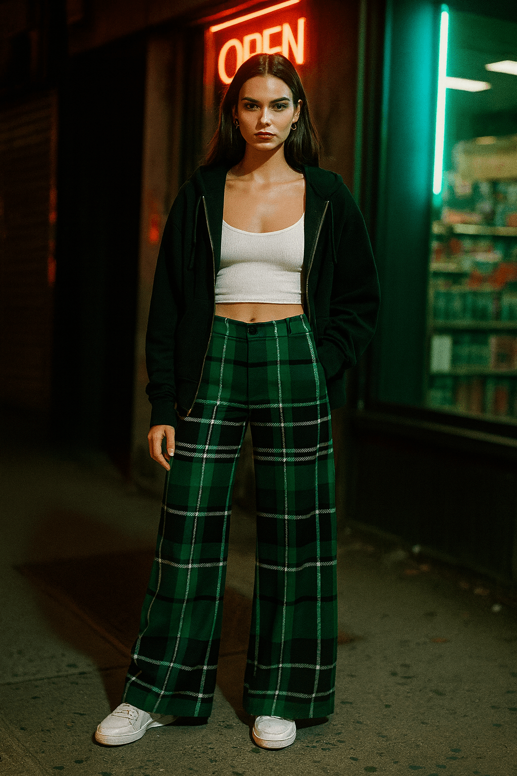 Angelic Blessings green tartan wide leg pants worn by woman with white top and black jacket