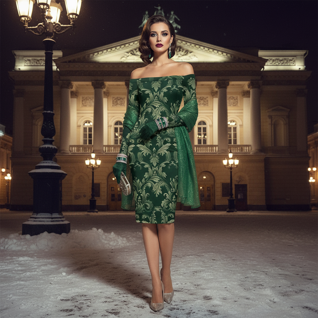 Elegant Green Victorian Damask Off Shoulder midi bodycon wrap dress worn by model outdoors at night