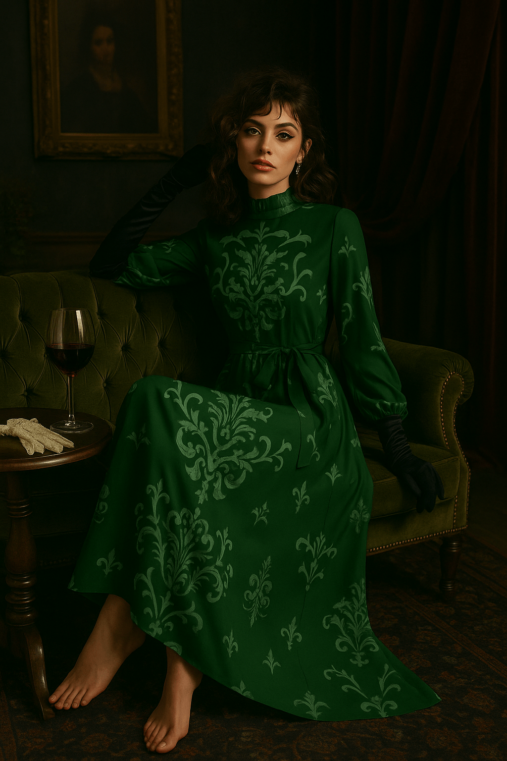 Angelic Blessings Green Victorian High Neck Maxi Dress with long sleeves and intricate patterns